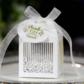 Macro shot of white laser-cut rose gift box with silver ribbon and thank you tag - White (With Tag)