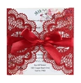 Red glitter laser cut wedding invitation with decorative bow and floral insert card - Glitter Red