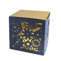 Elegant blue laser-cut cube gift box with gold interior and intricate floral patterns - Blue + Gold