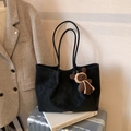 Large black vintage tote bag in matte leather with a cute knitted bear charm - Dark Coffee With Pendant