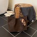 Minimalist dark brown leather tote bag with a cute bear charm and golden metal base detail - Light Coffee With Pendant