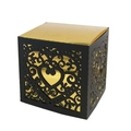 Macro view of laser-cut heart pattern on blue cardstock wedding candy gift box - Black+Gold