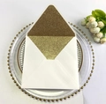 Close-up of elegant cream wedding envelope featuring a luxury gold glitter lining and V-flap - Square Gold Glitter Style