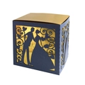 Laser cut wedding favor box with dark blue hollow patterns and gold foil lining - Blue + Gold