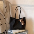 Retro black suede tote bag with a cute brown knitted bear charm for autumn and winter - Black with Pendant