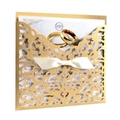Invitación de boda dorada calada por láser con tarjeta marfil y lazo de raso blanco - Beige Dorado