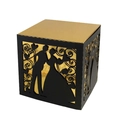 European hollow heart wedding candy box with black and gold laser cut groom and bride design - Black+Gold