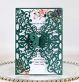 Laser cut wedding invitation with dark green hollow pattern and floral inner card - Dark Green