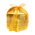 Detail of laser-cut rose patterns on gold hollow gift box with a sheer organza ribbon bow - Reflective Gold