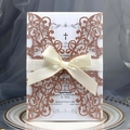 Glitter rose gold laser cut invitation card with cream ribbon bow for weddings - Apple Gold
