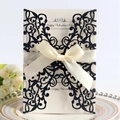 Navy blue glitter laser cut wedding invitation card with cream satin ribbon bow - Dark Blue