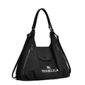 Detail of black tote bag with white logo, snap front pocket and wide shoulder strap - Black