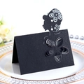 Elegant deep purple laser-cut flower place card with silhouette for wedding table - Black Khaki