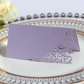 Elegant purple laser-cut wedding place card with intricate floral scroll patterns - Light Purple