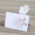 Elegant white laser-cut place card with 3D floral accent and female silhouette design - White