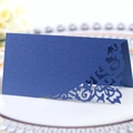 Elegant navy blue laser-cut floral wedding place card made of shimmering pearlescent paper - Sapphire Blue