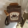 Niedlicher dunkelbrauner Canvas-Rucksack mit Hunde-Stickerei und Plüsch-Baguette-Griff - Braun (Mit Brot Anhänger)