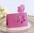 Pink glitter laser-cut table name card with female silhouette and 3D paper flower decoration - Purplish Red