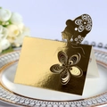 Elegant gold laser cut place card with floral and silhouette design for wedding tables - Reflective Gold