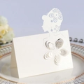 Elegant laser-cut wedding place card with female silhouette and 3D floral petals - Ivory