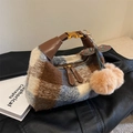 Vintage checkered plush handbag in brown and blue with cherry charm and leather straps - Blue