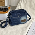 Retro dunkelblaue Denim Umhängetasche mit Leder-Patch und Vintage Metall-Schnalle - Dunkelblau