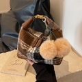 Retro plaid plush handbag with brown leather handles and a red cherry charm - Brown