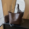 Dark brown bucket bag set with inner pouch and adjustable silver buckle strap - Brown