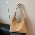 Large woven tote bag with earth-tone houndstooth pattern and leather shoulder strap - Khaki