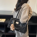 Retro black suede tote bag with contrast stitching and cute plush bear charm - Black (With Charm)