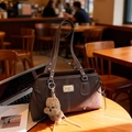 Dark brown suede tote bag with contrast stitching and a cute plush puppy pendant - Coffee (With Pendant)
