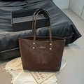 Deep brown retro faux leather tote bag with elegant long handles and gold metal tag - Brown