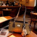 Retro suede tote bag in ginger and dark brown patchwork with a plush bear charm - Brown (With Pendant)