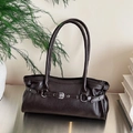 Vintage dark coffee baguette bag with metallic buckle and long shoulder straps - Brown