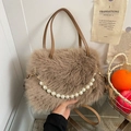Brown faux fur tote bag featuring a white pearl chain strap and leather handle - Brown