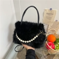 Chic black plush tote bag with faux pearl chain and leather handles for women - Black