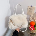 Plush white shoulder bag with decorative pearl chain and soft faux fur texture - White