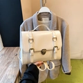 Retro cream white faux leather satchel backpack with vintage metal buckles for women - Off White