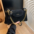 Chic black matte crossbody bag with gold chain strap and elegant brand logo detailing - Black