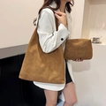 Brown faux suede tote bag set with matching small pouch in minimalist vintage style - Brown