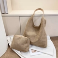 Camel suede hobo shoulder bag with matching zipper pouch in a minimalist set - Apricot