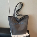Dark grey canvas tote bag with light blue BALIMAN embroidery and long top handles - Dark Brown
