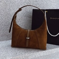 Minimalist dark brown suede shoulder bag with leather strap and silver metal buckle - Brown