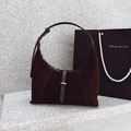 Dark brown suede hobo bag with smooth leather strap and elegant silver buckle - Coffee