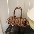 Bolso Boston vintage con estampado de leopardo y ante con asas de cuero marrón y metal - Leopardo Marrón