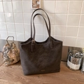 Dark brown suede-like large tote bag with adjustable straps and gold logo detail - Coffee (No Pendant)