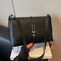 Minimalist black lychee texture leather shoulder bag with gold metal clasp - Black