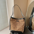 Leopard print bucket bag with black leather trim and elegant single shoulder strap - Leopard Print Style (RL-9091) / Brown