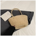 Minimalist beige plush tote bag with soft faux fur texture and slim leather handles - Khaki
