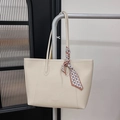 Minimalist off-white pebbled leather tote bag with decorative scarf and large capacity - White